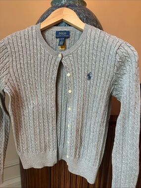 Ralph Lauren Girls Light Gray Cable Knit Cardigan with Navy Pony